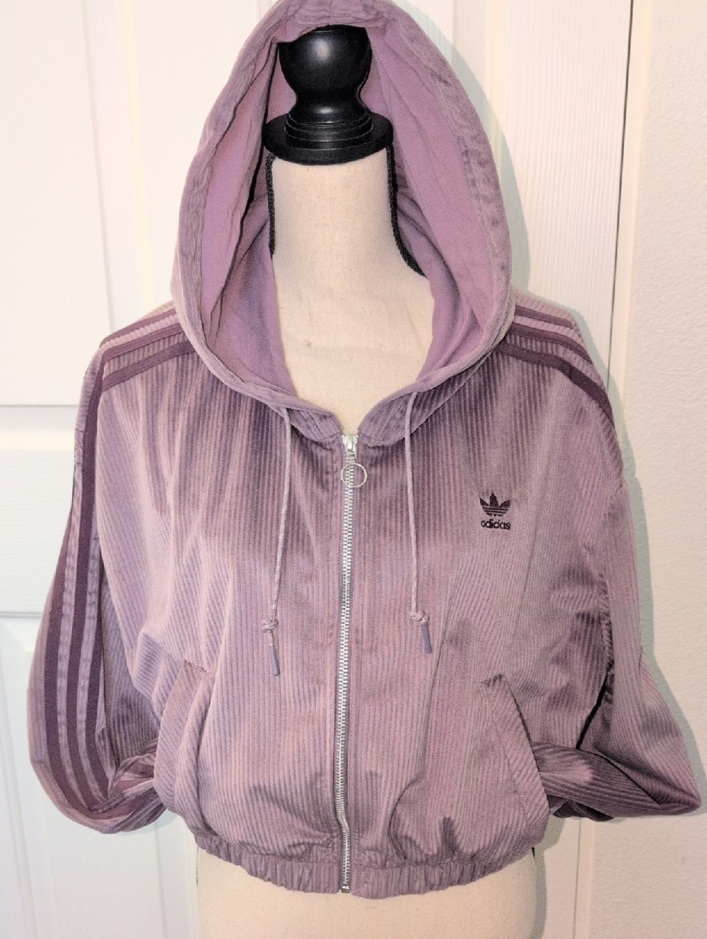 adidas Mauve Corduroy Zip Hoodie with Three Stripes